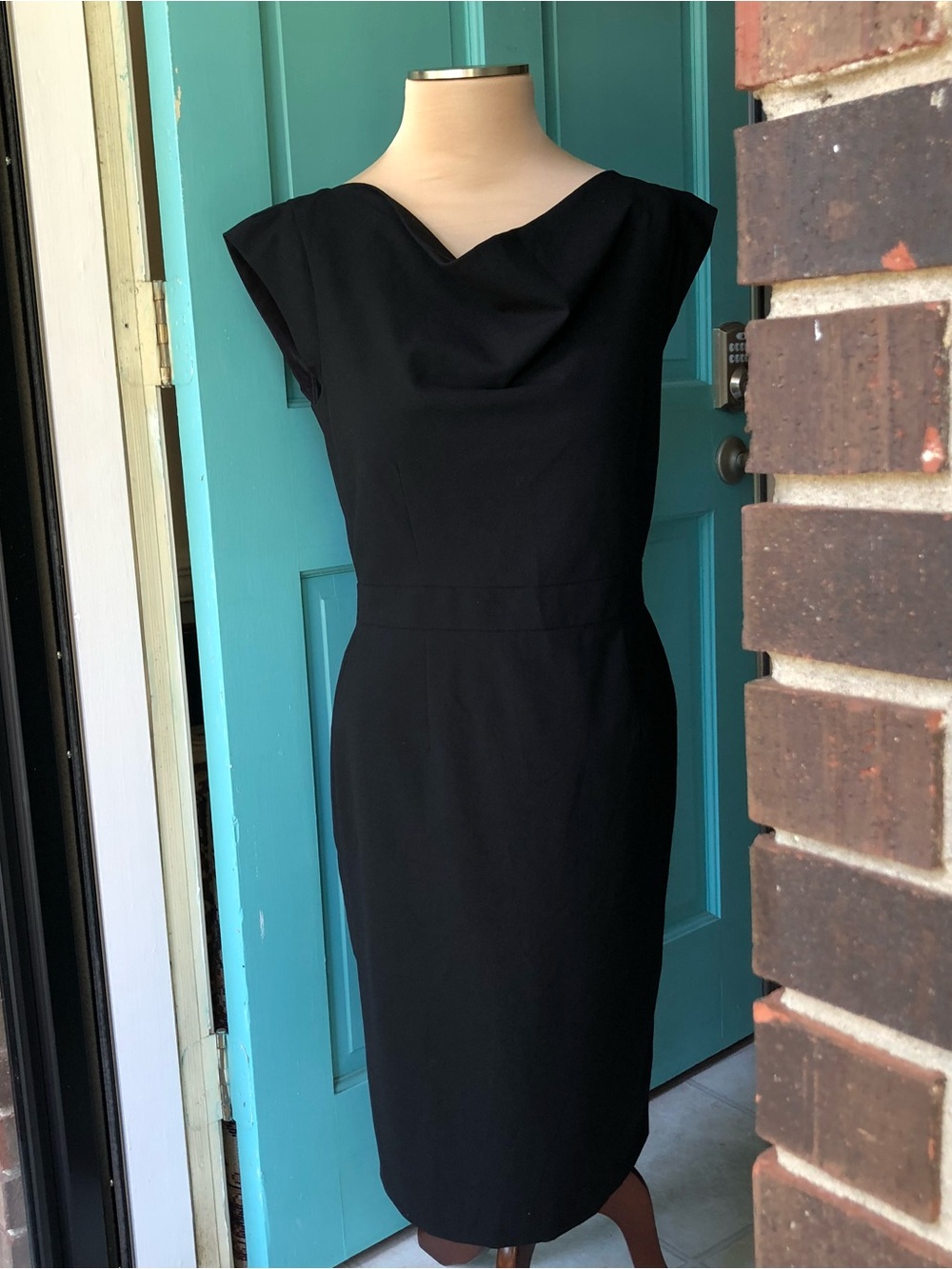 Banana Republic Black Wool-Blend Cowl Neck MIDI Sheath Dress Size 6 LBD